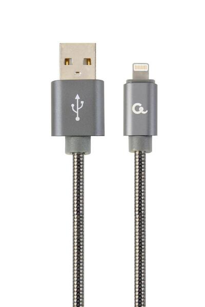 Gembird Premium spiral metal 8-pin charging and data cable 1m metallic-grey