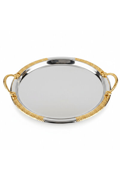 AKDC Royal Gold-Rimmed Silver Serving Tray with Braided Gold Handles | 35 cm ...