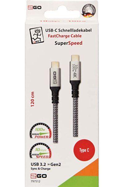 2go Schnellladekabel USB-C 100W 10Gbps 1,2m