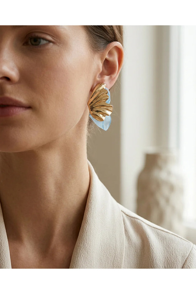 Dorvina Steel Vintage Women's Earrings Gold Color Blue Tulle Butterfly