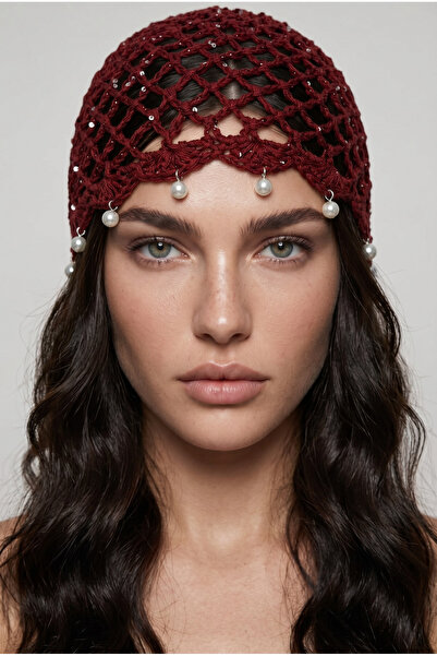 Alice İsstanbul Burgundy Sequin & Pearl Summer Beret & Hat