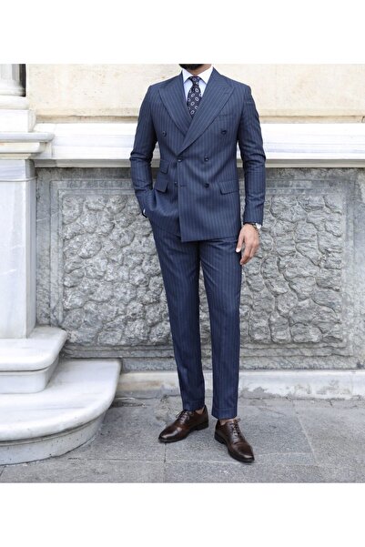 ilayda emir Luxury, Slim Fit, Double-Breasted 6 Drop, Navy Blue, Striped, Men...