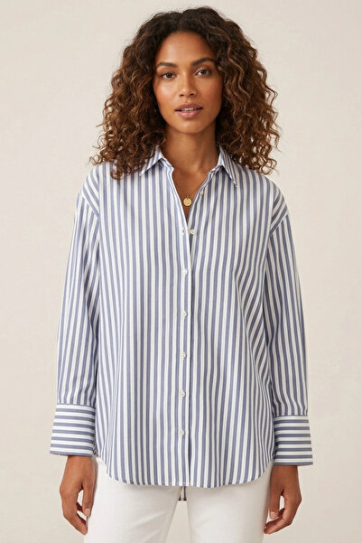Meine Liebe Unterwäsche Women's Striped Loose-Fit Long-Sleeve Poplin Shirt