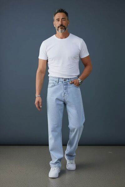oraystore Men's Light Blue Wide Leg Jean Pants Comfortable Fit High Waist Loo...