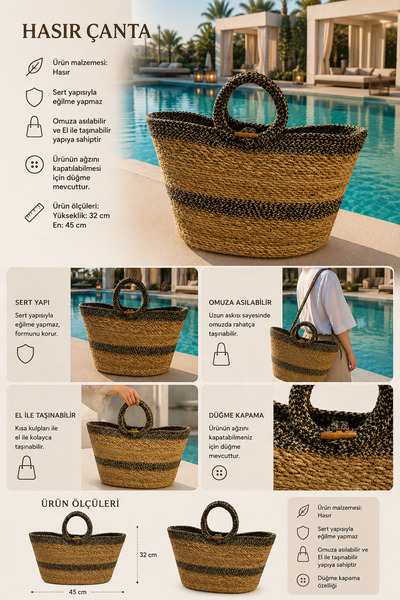 LUCKY CLOVER Wicker Beach Pool and Picnic Bag, Can Be Hanged on the Shoulder, Hard-Structured, Stylish Design, 45 cm