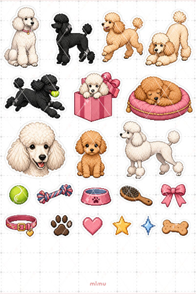 Mimu Art Studio Pixel Art Poodle Köpek Sticker Seti Kaniş Irk Köpek Temalı De...