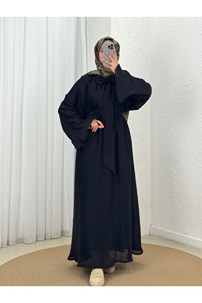 MİHRA STORE Bengül Scarf Wide Sleeve Dress-He8482 Black
