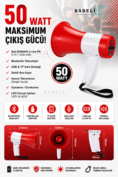 Rabelix Online Marketing 50 Watt Şarjlı Megafon Bluetooth USB TF Kart Destekli Ses Kayıtlı El Megafonu
