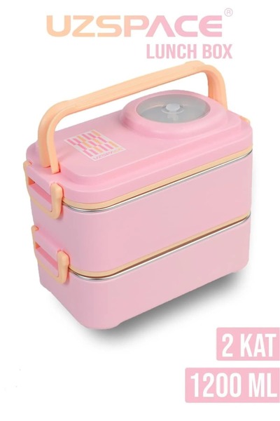 Uzspace Beslenme Kutusu Paslanmaz Çelik - 1200 ml Sos Kaseli 2 Katlı Çatal Ka...