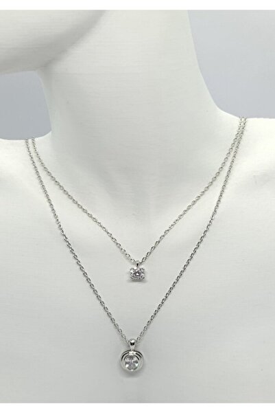 ndjewelry Luna Spark Double Layer Stone Detailed Steel Necklace (40+5 cm)
