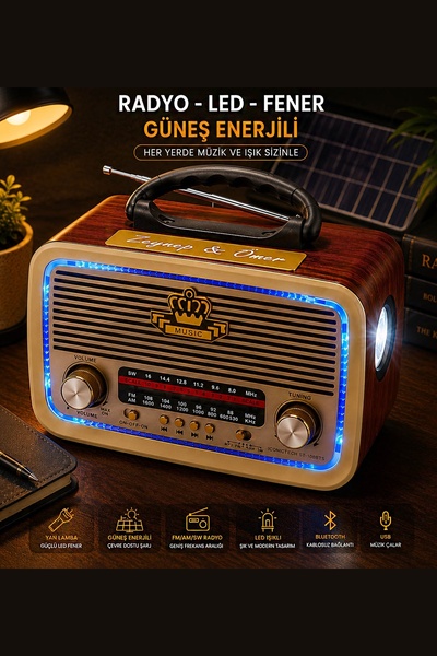 zozoya Kişiye Özel Nostalji Solar Güneş Enerjili Ledli Fenerli Bluetooth Radyo