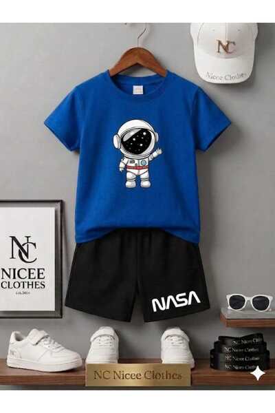 NC Nicee Clothes تي شيرت صيفي للأطفال شورت للجنسين (طباعة رائد الفضاء ناسا)