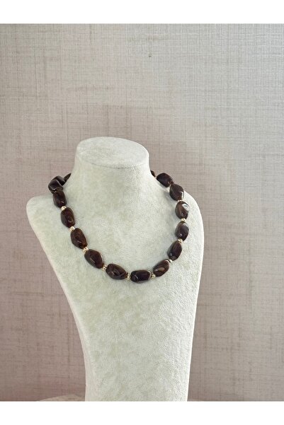 MOD10 Helen Jewerly kahverengi haki yeşil doğal taş boncuk kolye