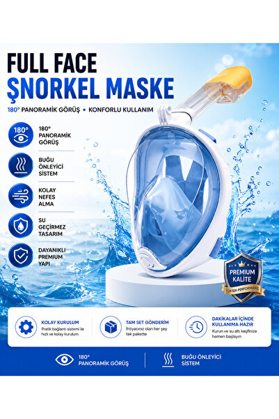 Janissary XL /L Full Face Şnorkel Maske Mavi Tam Yüz Dalış Maskesi 180° Panor...
