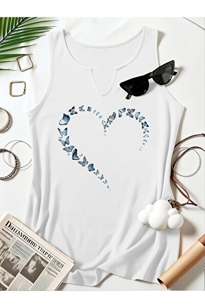 Deocept Women's Hearts Printed Half V-Neck Sleeveless Regular Fit Casual T-Shirt