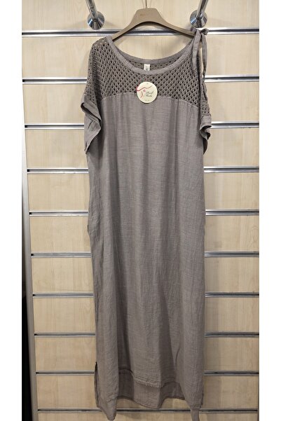 Park Moda Italian Linen Dress with Tie Shoulder and Mesh Detail