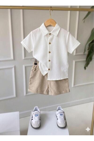 Kidscocuk Boy's Shirt Shorts Set 2-Piece Set Muslin Shirt Linen Shorts Folded Hem Summer Stylish Combination 3-12 Years Old
