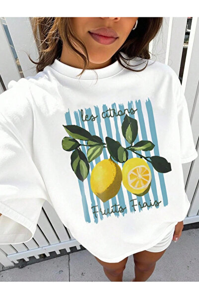 SUNFREE Lemon Line Printed Oversize Basic Short Sleeve Women's Tshirt