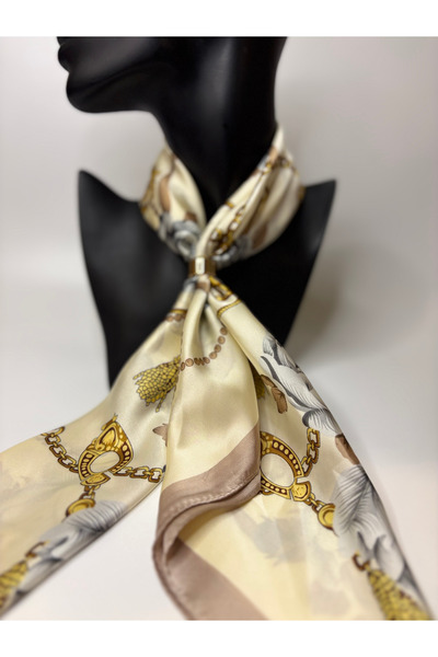 BHR AKSESUAR Chain Rope and Rose Patterned Double-Sided Scarf with Gold Ring ...