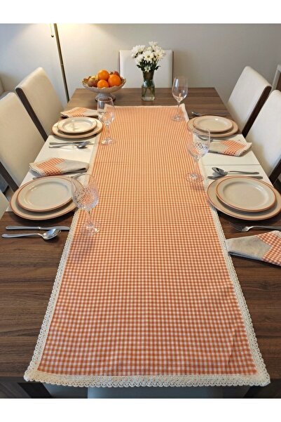denizli hatırası Colorful Pöti Checkered Cream Laced 45X115 cm Runner