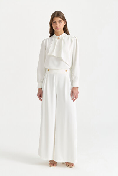 Nihan Gold Buttoned Wide Leg Trousers with Pili Detail - Ecru