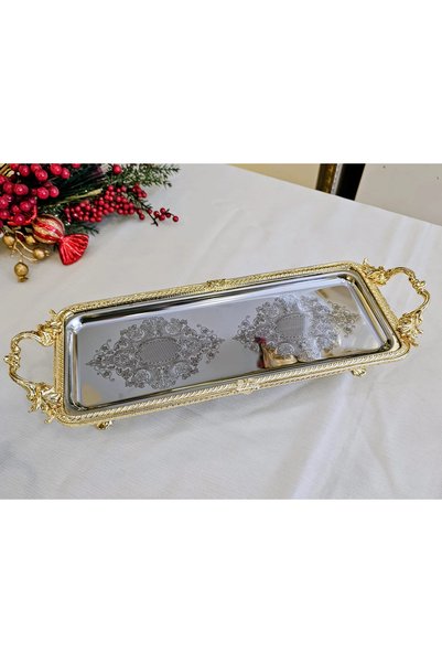 MaviDamla Rectangular Tray with Handle, Cast Metal Frame, 34*14 Gold