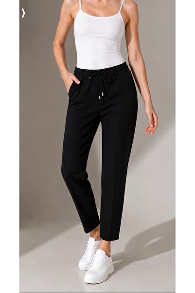 Heyya Pantaloni de damă cu talie elastică, cu picior îngust, tip morcov, negri