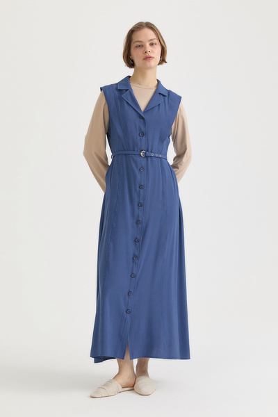 Nihan Jacket Collar Buttoned Modal Gilet - Indigo