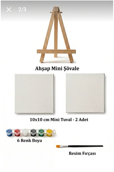 N&B Art Collection Mini Resim Seti - 10x10 cm Tuval (2 Adet), Mini Şövale, Bo...