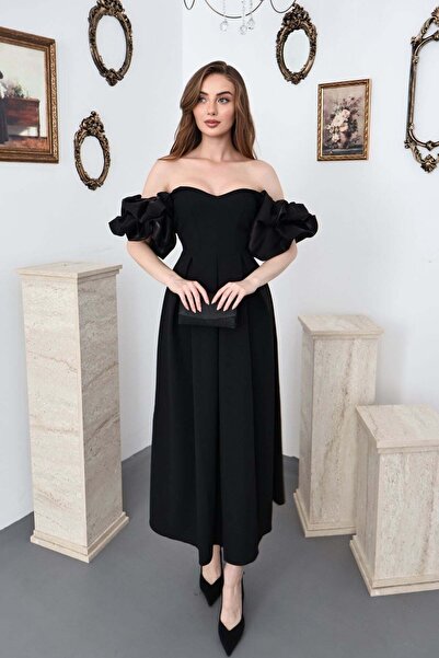 Elbee Fashion Woman Siyah Kolları Balon Pileli Atlas Elbise