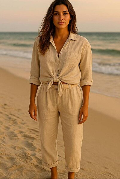 OEMS Arte Italiana Coastline Blouse – Classic Linen Button-Down - Driftwood Sand