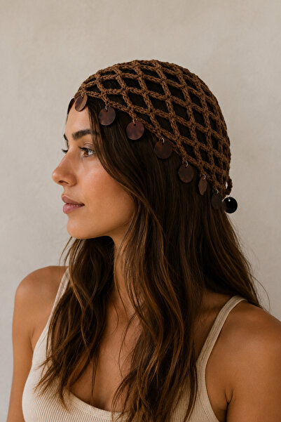 Modex Bohemian Sequin Detail Brown Hand-Knitted Mesh Beanie Hair Accessory