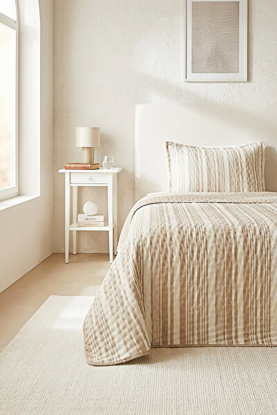 Ocean Home Textile Pamuklu Kapitoneli Bej Renk Çizgi Desen Tek Kişilik Yatak ...
