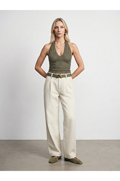 Dilvin 72319 Pleated Draped Fabric Trousers-Stone