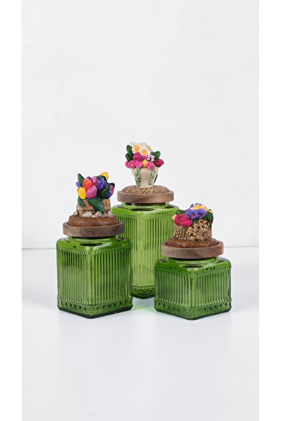byUZUNOĞLU Decorative Acacia Lid Glass Storage Set of 3 - Arrangement Flower ...
