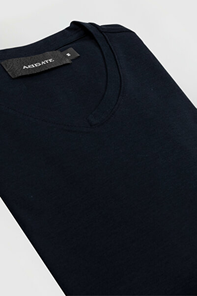 Abbate Vita Merserize Pamuklu Modern Fit Lacivert V Yaka Erkek Düz T-Shirt