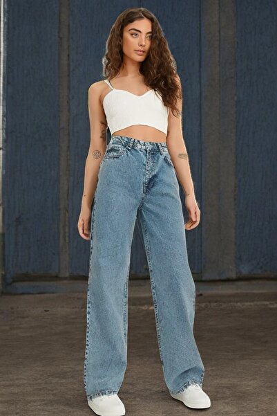 Livik Snow Wash High Waist Lycra Wide Leg Women's Denim Jean Trousers