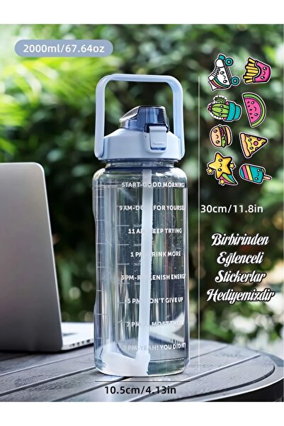Empressco 2 Litre Spor Su Şişesi, Pipetli Motivasyonel Suluk, GYM İçin Matarası