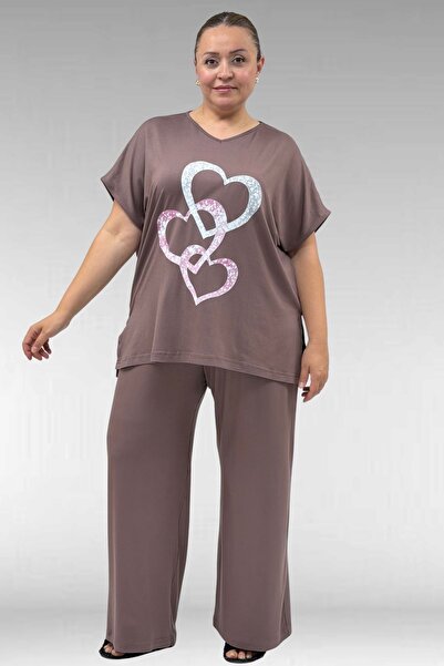 Eslina 67803 Büyük Beden Yanı Yırtmaçlı Penye Pijama Takımı - Vizon