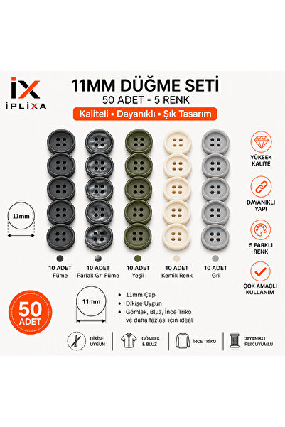 İPLİXA 11mm Karışık Renk 4 Delikli Düğme Seti 50 Adet | Dayanıklı Şık Dikiş D...