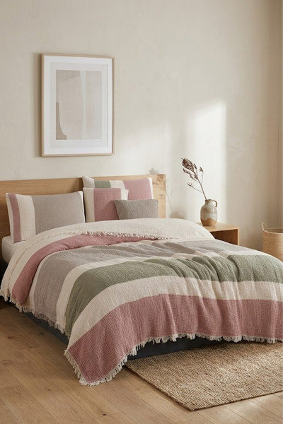 Valmia Home Double 4-Layer Muslin Bedspread 220X240 cm Color Blocked Striped ...