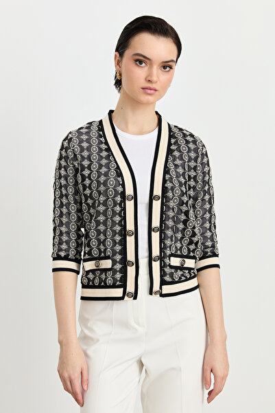 Nihan Patterned Ribbed Short Chiffon Cardigan - Black