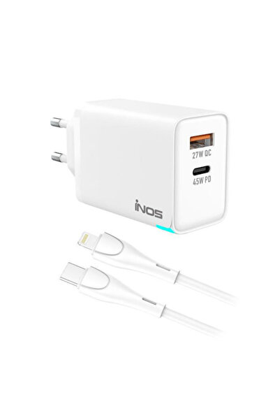 inos Φορτιστής GaN με θύρα USB-A και θύρα USB-C και καλώδιο USB-C σε Lightnin...