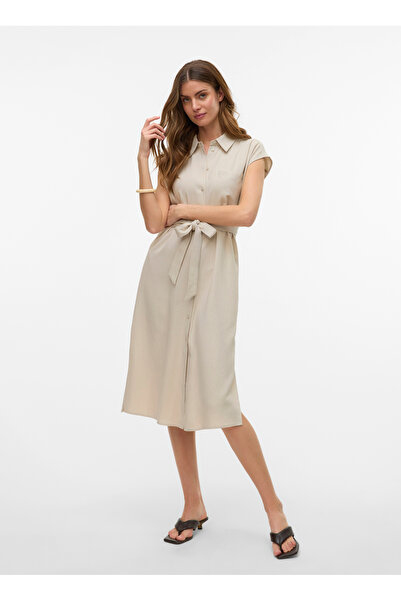 Vero Moda Bej Kadın Yuvarlak Yaka Elbise VMMYMILO SL CALF SHIRT DRESS WVN GA