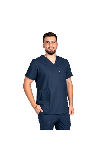 RUNI Men's navy blue stretch medical suit with V-neck blouse and drawstring a...
