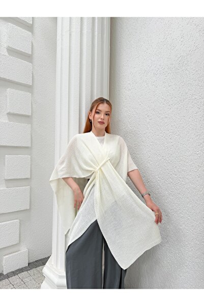 NEW JOURNAL Women's Ecru Front Detailed Poncho Cardigan Frv0192