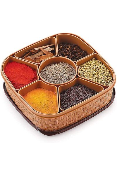 Generic Plastic Masala Box for Kitchen | 7-in-1 Square Spice Organizer with S...