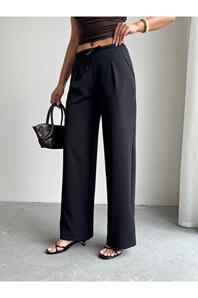 CrepTekstil Crep Women's Lace-Up Waist Wide Leg Double Fabric Trousers Black