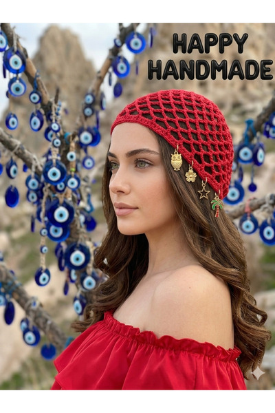 HAPPY HANDMADE قبعة كروشيه حمراء/شبكة شعر شبكية/قبعة شبكية//هدية التخرج/هدية ...