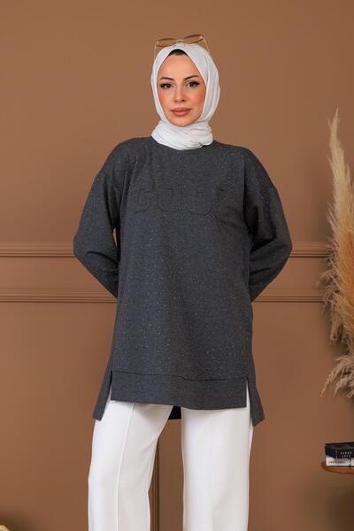 Moodbasic Serpme Taşlı Nakış Detaylı Tunik - Antrasıt